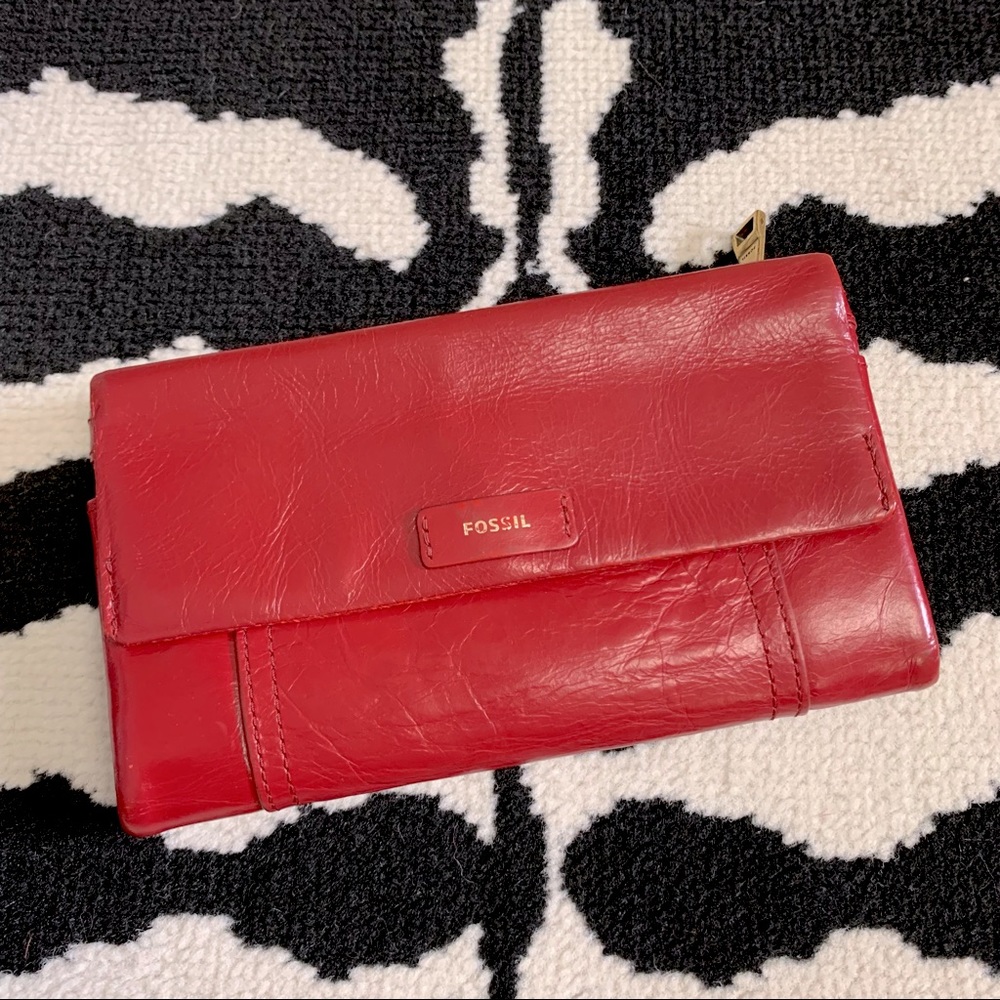 Fossil Red Leather Trifold Wallet Large - image 1